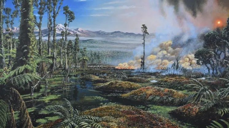 Illustrerad vulkanisk miljö med rök, sjö, våtmark och fjäll